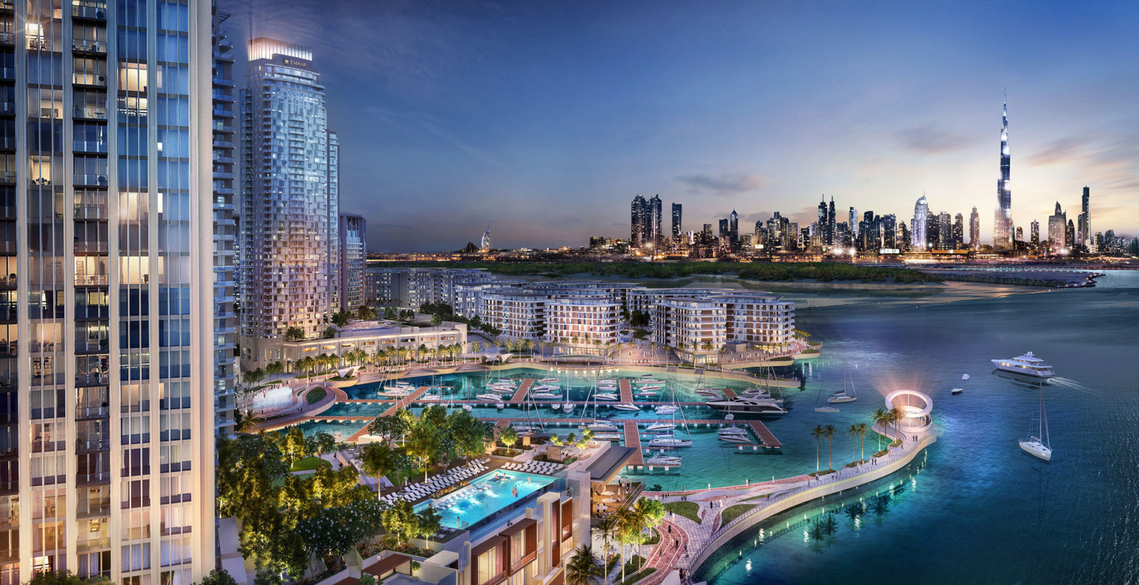 Waterfront skyline at Dubai Creek Harbour